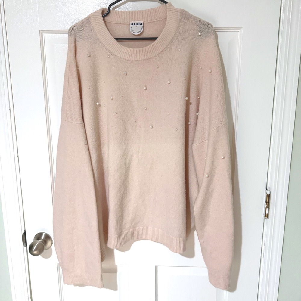 Arula Pink Faux Pearl Embellished Crewneck Sweater Oversized Knit Plus Size